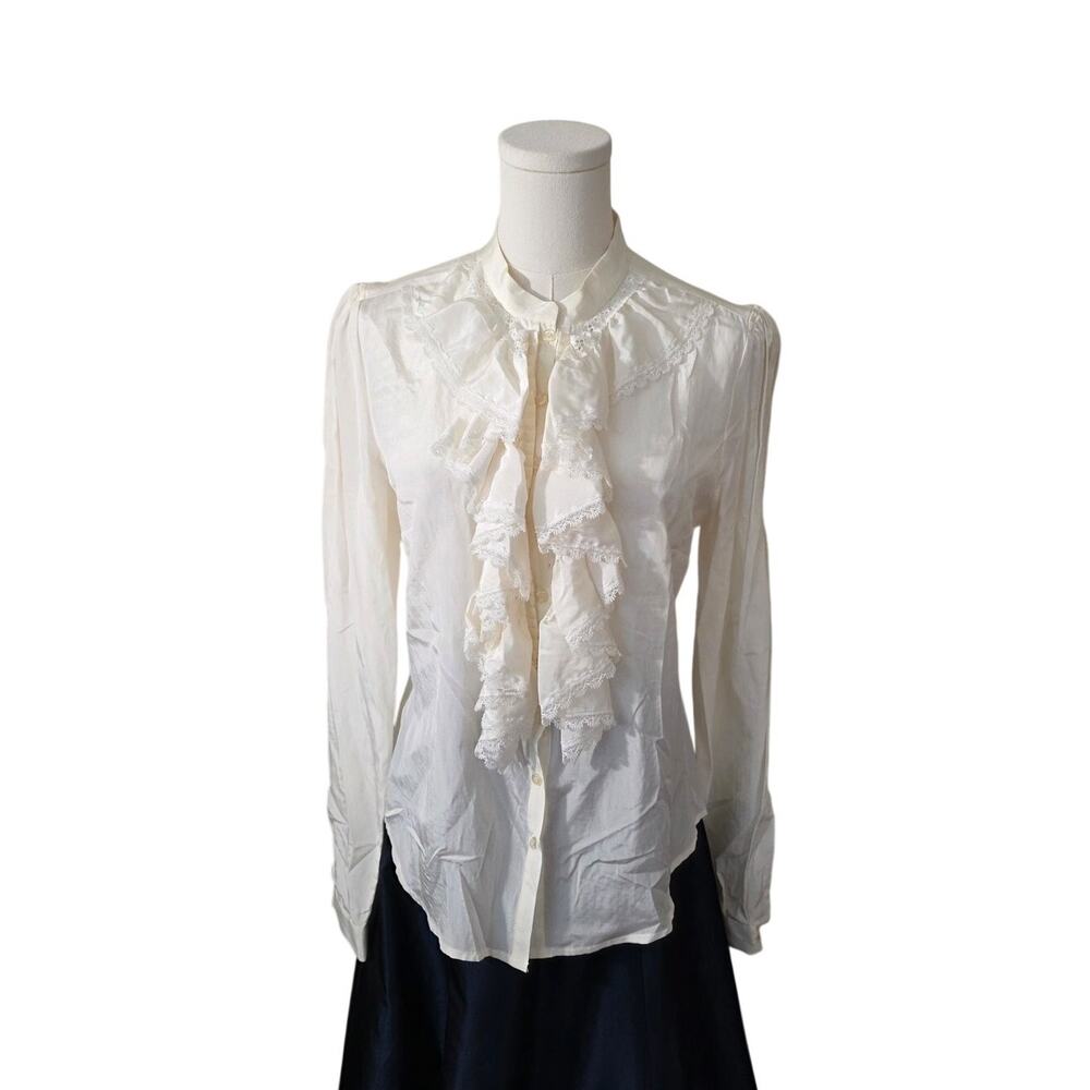 INC Concepts Silk Cotton Blend Bib Ruffle Front Victorian Blouse 8 Vintage Style